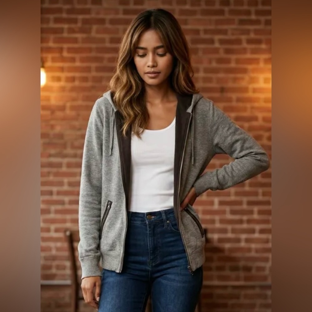 Laurie B. Full Zip Cotton Wool Cashmere Reversible Hoodie Sweater Brown Gray - Picture 2 of 15